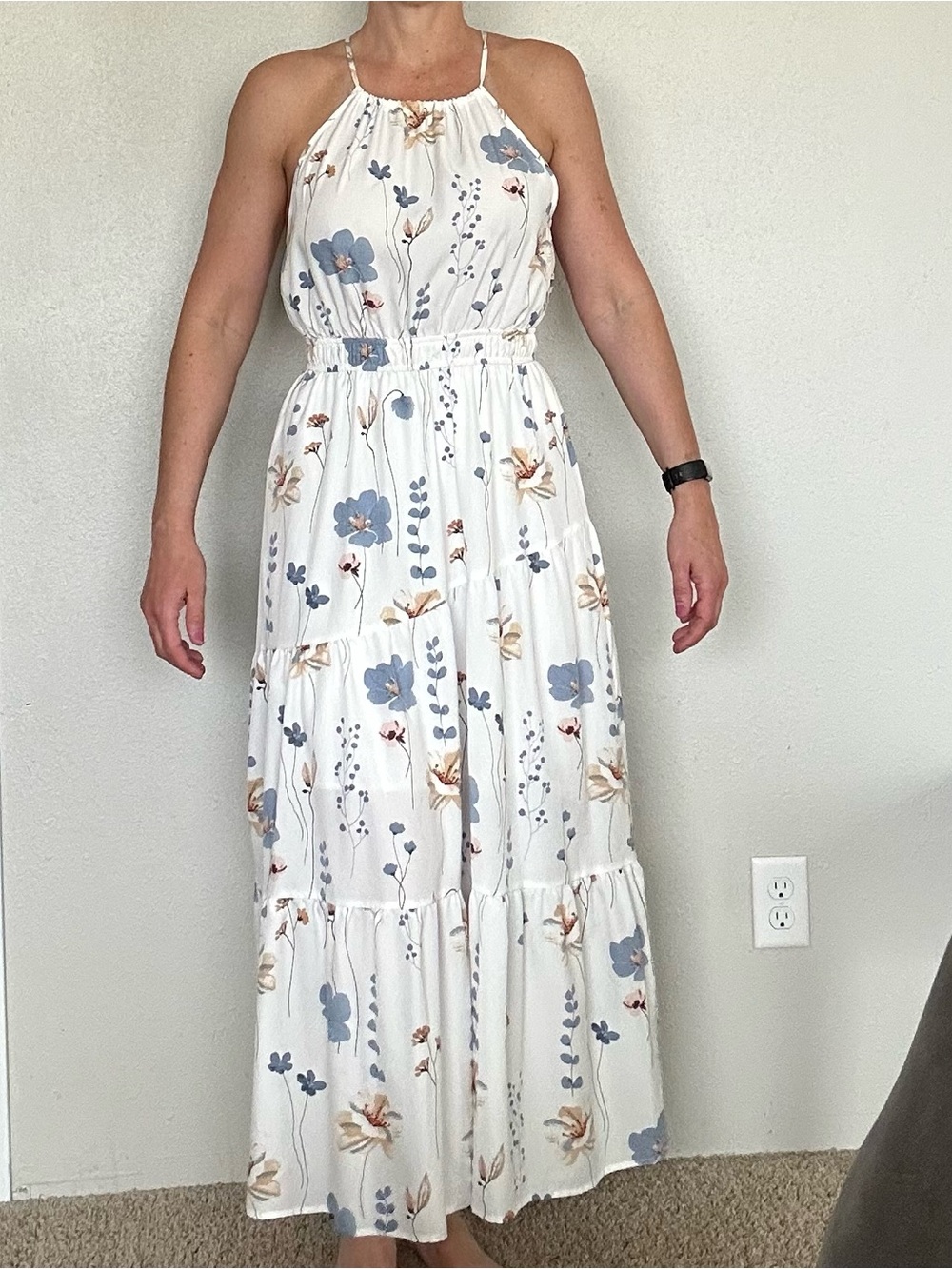White Floral Halter Maxi Dress - Blue & Tan Bloom